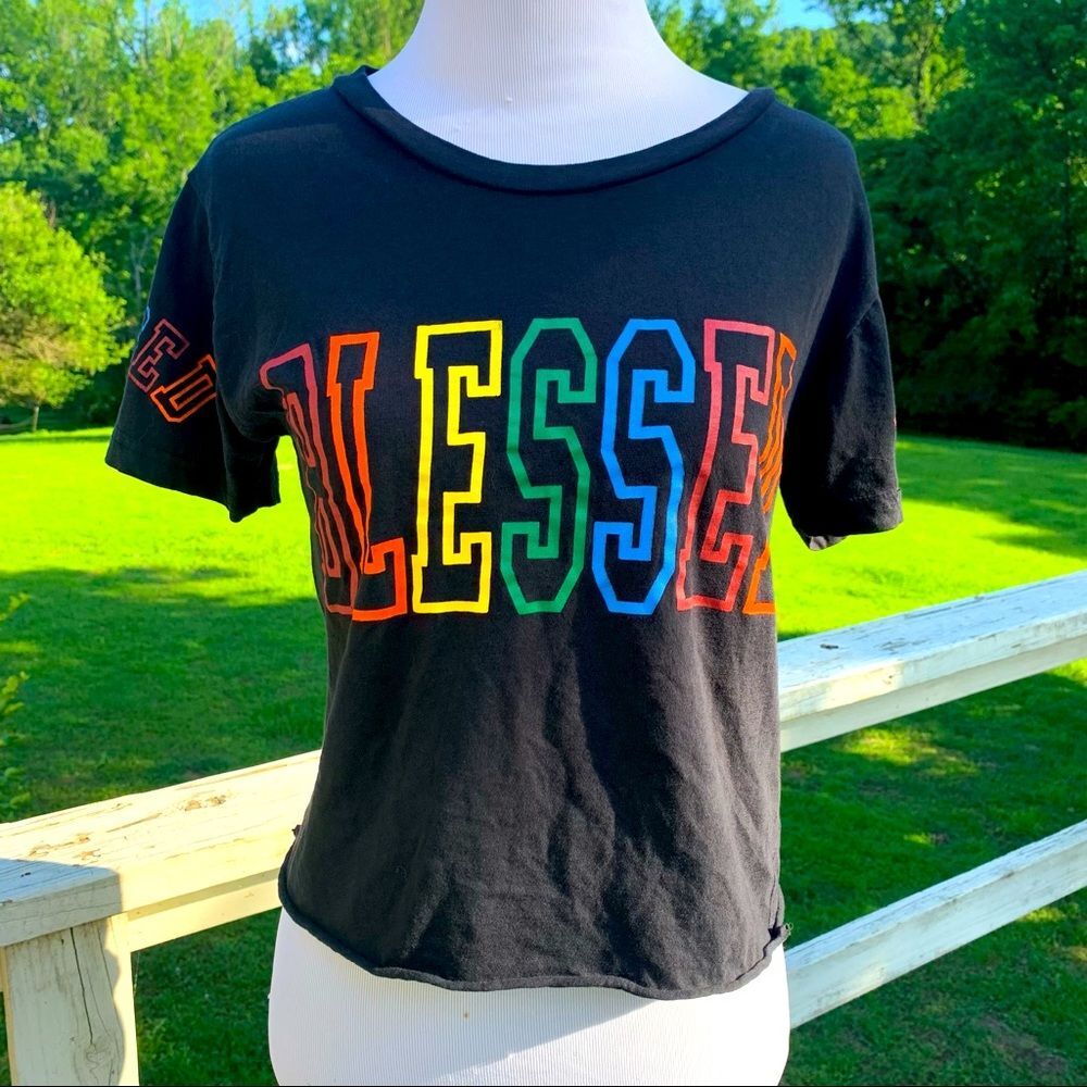 Cropped Rainbow Colorblock BLESSED Grphic Tee Medium ON FIRE Brand